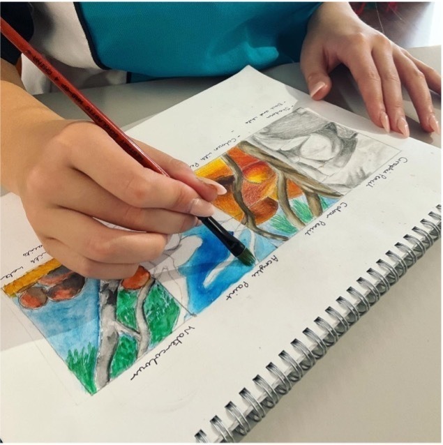 Student drawing with coloured pencils in a sketchbook