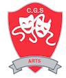 Arts colours crest – red shield with drama masks