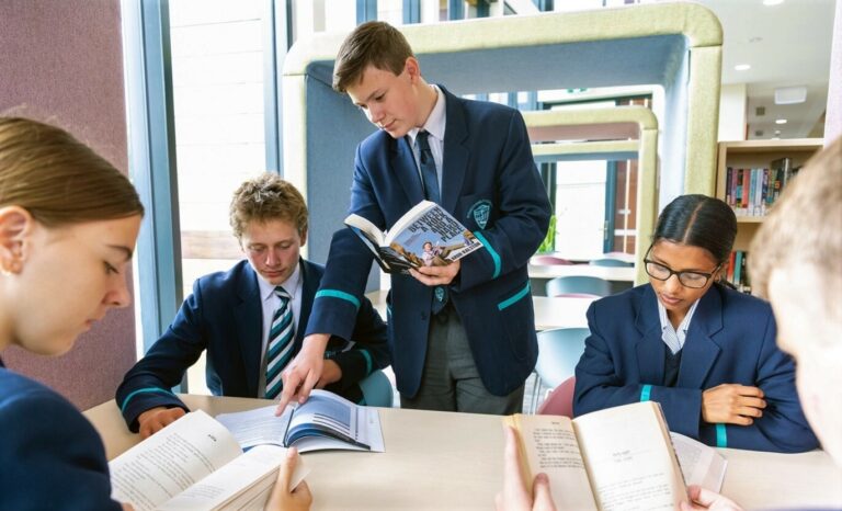 Students reading books together at a classroom table