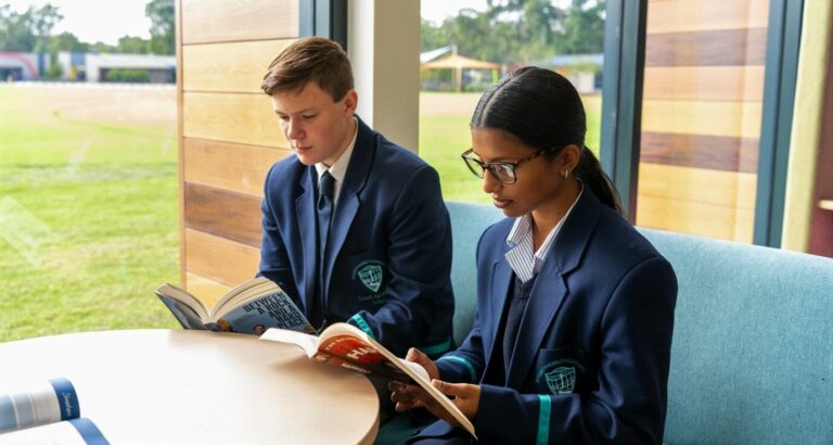 Secondary students reading together outdoors